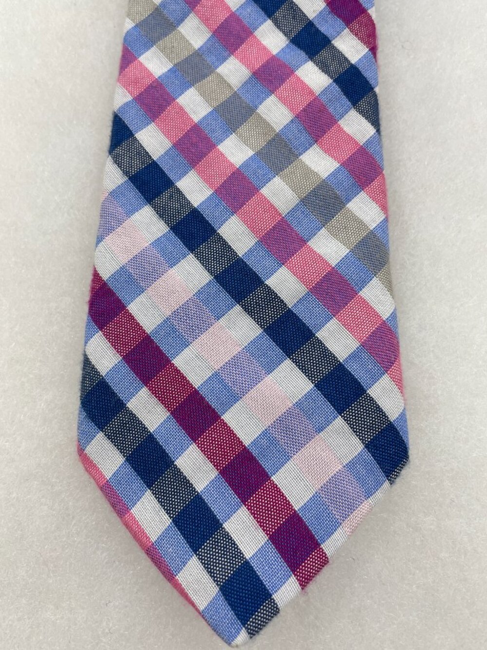 Ted Baker London Tie Pink Navy Blue Gingham Check Cotton Silk Blend USA Made